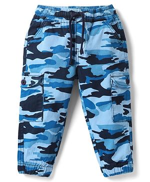 Babyhug Twill Woven Full Length Camouflage Printed Trousers With Stretch & Side Pockets - Blue
