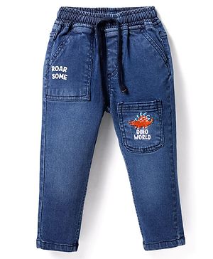 Babyhug Cotton Denim Full Length Jeans With Dino Embroidery - Blue