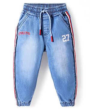 Babyhug Full Length Washed Denim Joggers With Stretch & Text Embroidery - Light Blue