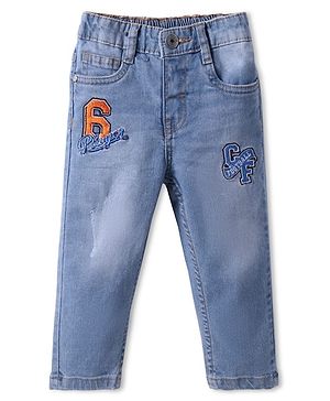 Babyhug Full Length Washed Denim Jeans with Text Embroidery - Blue