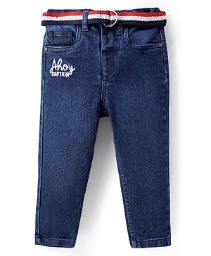 Babyhug Cotton Denim Full Length Jeans With Belt Text Embroidery - Blue