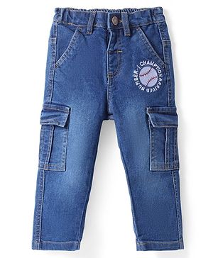 Babyhug Cotton Denim Full Length Washed Jeans with Stretch & Sports Embroidery - Navy Blue