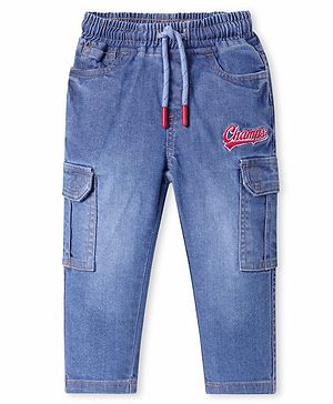 Babyhug Denim Full Length Washed Jeans with Stretch & Text Embroidery - Blue
