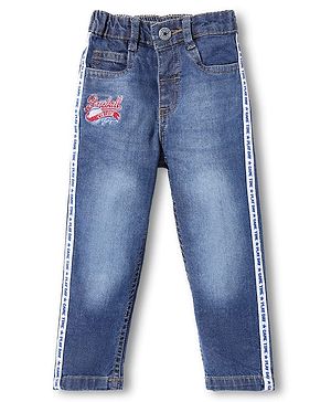 Babyhug Cotton Denim Full Length Jeans With Text Embridoery - Blue
