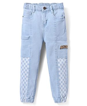 Babyhug Denim Full Length Text & Checks Printed Washed Jeans With Stretch - Light Blue