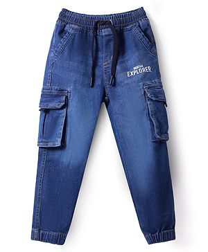 Babyhug Full Length Washed Denim Jeans With Text Print & Stretch - Blue