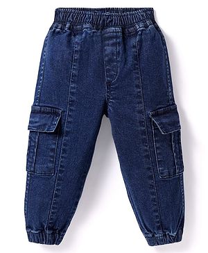 Babyhug Denim Full Length Washed Jogger With Stretch - Blue