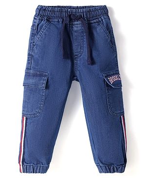 Babyhug Cotton Denim Full Length Washed Joggers With Stretch - Blue