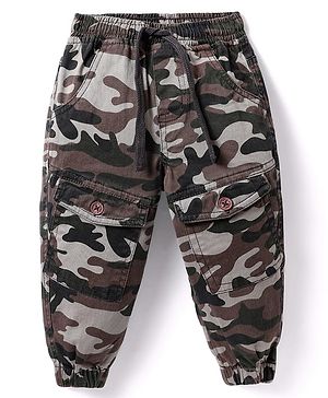 Babyhug Cotton Lycra Woven Full Length Trousers With Stretch Camouflage Print -Dark Green