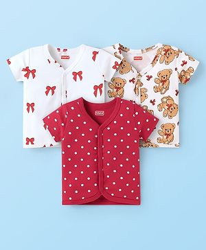 Babyhug 100% Cotton Interlock Knit Half Sleeves Vests With Polka Dots & Teddy Bear Print Pack Of 3 - Red & White