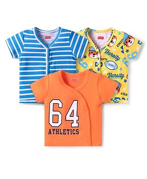 Babyhug 100% Cotton Knit Front Open Vests with Stripes & Tiger Print Pack of 3 - Orange Yellow & Blue