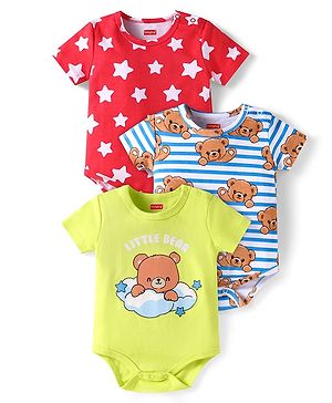 Babyhug 100% Cotton Knit Half Sleeves Onesies with Stripes & Bear Print Pack of 3 - Red Blue & Light Green