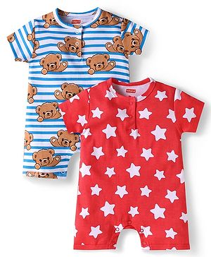 Babyhug 100% Cotton Knit Half Sleeves Striped Rompers with Bear & Stars Print Pack of 2 - Red & Blue