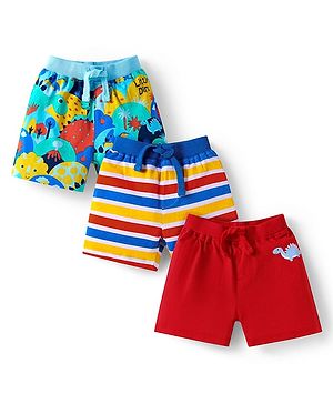 Babyhug Single Jersey Knit Shorts with Stripes & Dino Print of 3 - Blue & Red
