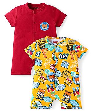 Babyhug 100% Cotton Knit Half Sleeves Rompers with Animal Print Pack of 2 - Red & Yellow