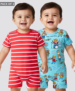 Babyhug 100% Cotton Knit Half Sleeves Rompers with Stripes & Animal Pack of 2 - Red & Light Blue