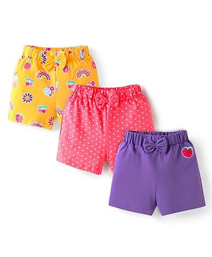 Babyhug Single Jersey Knit Shorts with Polka Dots Tropical Print & Bow Applique Pack of 3 - Pink & Purple