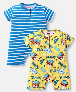 Babyhug 100% Cotton Knit Half Sleeves Rompers with Sports Theme Print & Stripes Pack of 2 - Yellow & Blue