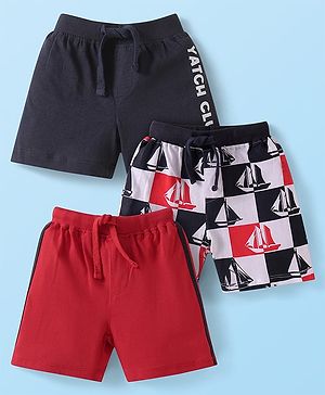 Babyhug Cotton Single Jersey Knit Mid Thigh Length Shorts with Nautical Theme Print & Tape Detailing Pack of 3 - Black & Red