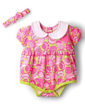 Babyhug 100% Cotton Knit Half Puffed Sleeves Peter Pan Collared Onesie With Headband & Sea Life Print - Pink