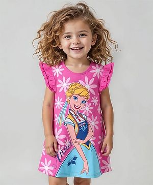 Babyhug Disney Single Jersey Knit Frill Sleeve Nighty With Anna Graphic - Pink