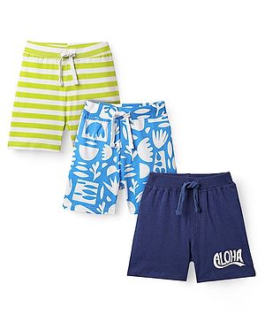 Babyhug Cotton Knit Mid Thigh Shorts with Tropical Theme Print & Stripes Pack of 3 - Light Green Navy & Light Blue
