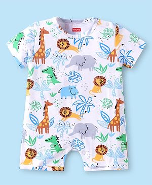Babyhug 100% Cotton Half Sleeves Romper With Animal Print -White