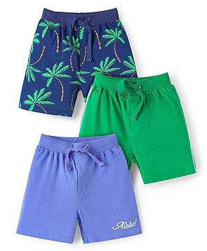 Babyhug Cotton Knit Mid Thigh Length Shorts with Beach Theme Print Pack of 3 - Navy Blue Green & Blue