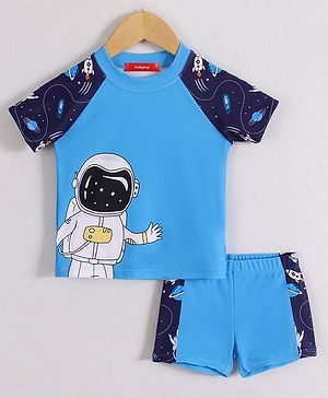 Babyhug Half Raglan Sleeves Two Piece Swimsuit With Space Theme Print - Blue