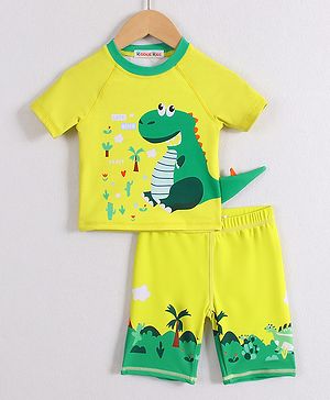 Babyhug Half Raglan Sleeves Two Piece Swimsuit With Dino Print & Applique - Yellow