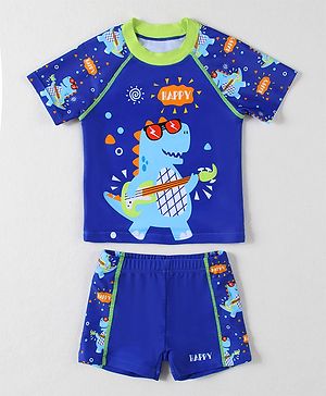Babyhug Half Raglan Sleeves Two Piece Swimsuit With Dino Print - Blue