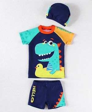 Babyhug Half Raglan Sleeves Two Piece Swimsuit With Dino Print & Swimming Cap - Navy Blue