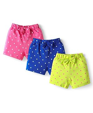 Babyhug Single Jersey Knit Shorts with Polka Dots & Bow Applique Pack of 3 - Pink & Blue