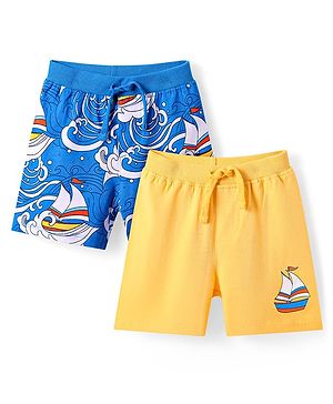 Babyhug Cotton Knit Mid Thigh Length Shorts with Nautical Theme Print Pack of 2 - Yellow & Blue