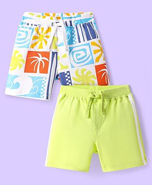 Babyhug Single Jersey Knit Shorts with Beach Theme Print Pack of 2 - Neon Green & Blue