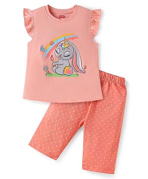 Babyhug Cotton Knit Frill Sleeves Night Suit Bunny Print - Peach