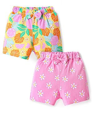 Babyhug Single Jersey Knit Shorts with Tropical Print & Bow Applique Pack of 2 - Pink