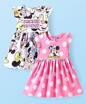 Babyhug Disney Single Jersey Knit Frill Sleeves Frocks With Minnie Mouse Graphics Pack of 2 - White & Pink