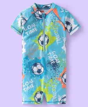 Babyhug Half Raglan Sleeves Water Repellent Legged Swimsuit with Football Print - Light Blue