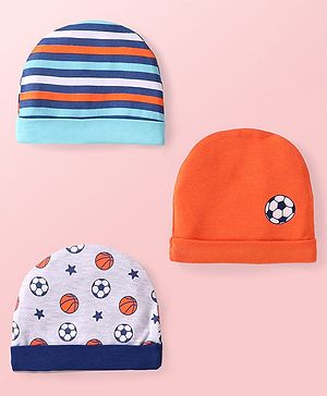 Babyhug 100% Cotton Knit Caps with Ball Print & Stripes Pack of 3 - Orange & White