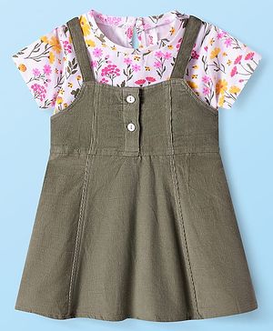 Babyhug Cotton Woven Frock & Half Sleeves Inner Tee With Floral Print - Olive Green