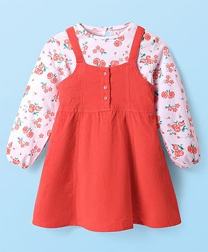 Babyhug Cotton Knit Full Sleeves Floral Printed Top with Pinafore - Floral
