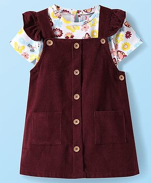 Babyhug Cotton Woven Half Sleeves Floral Print Inner Tee with Frock - Maroon & White