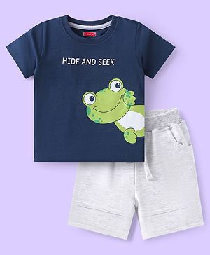 Babyhug Single Jersey Knit Half Sleeves T-Shirt & Shorts Set With Frog Print - Navy Blue