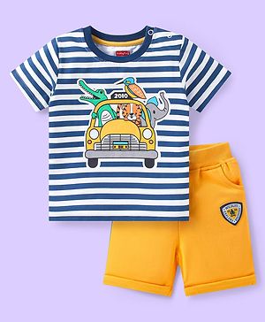 Babyhug Single Jersey Knit Half Sleeves Striped T-Shirt & Shorts Set with Safari Theme Print - Yellow & Blue
