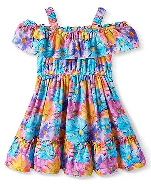Babyhug Rayon Woven Cold Shoulder Sleeves Frock With Floral Print - Multicolor