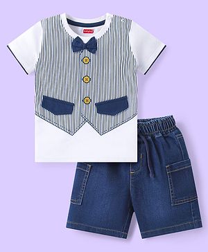 Babyhug Cotton Knit Half Sleeves Striped T-Shirt & Denim Shorts Set With Bow Applique - White & Blue