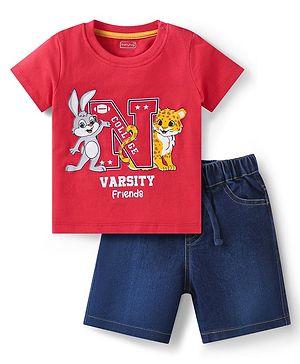Babyhug Single Jersey Knit Half Sleeves Animal Printed T-Shirt & Shorts Set - Red & Blue