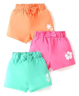 Babyhug Cotton Single Jersey Knit Mid Thigh Shorts With Floral Print Pack of 3 - Orange Pink & Green