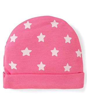 Babyhug 100% Cotton Knit Cap with Star Print Pink - Diameter 16 cm
